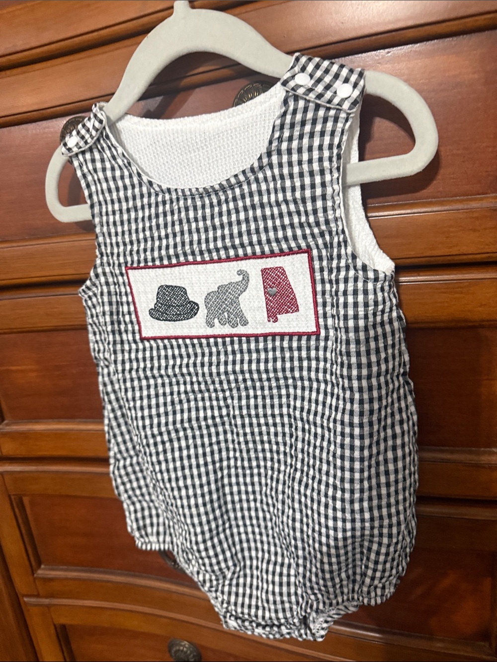 Gingham Baby Romper with Elephant & Hat Appliqué - Black/White